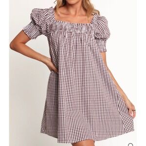 Pup & Petal Brown Gingham Smocked Puff Sleeve Mini Dress Women's M Cottagecore